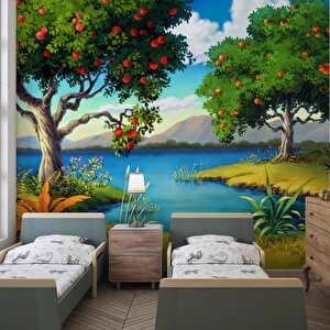 Meyve Ağacı Ve Göl Manzaralı Çocuk Çocuk Odası Duvar Kağıdı Baskı - Dkm415097 425x300 cm