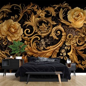 3 Boyutlu Altın Çiçek Temalı Duvar Kağıdı - Dkm793121 500x315 cm