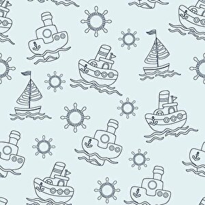 Gemi Figürlü Çocuk Odası Duvar Kağıdı Baskı - Dkm363039