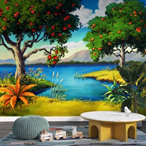 Meyve Ağacı Ve Göl Manzaralı Çocuk Çocuk Odası Duvar Kağıdı Baskı - Dkm415010 350x200 cm