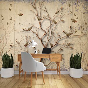 Sonbahar Kuş Ve Ağaç Temalı Duvar Kağıdı Baskı - Dkm-013_88105