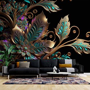 Boyutlu Altın Yeşil Çiçek Desenli Duvar Kağıdı - Dkm819044 100x260 cm