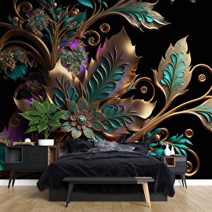 Boyutlu Altın Yeşil Çiçek Desenli Duvar Kağıdı - Dkm819044 100x260 cm