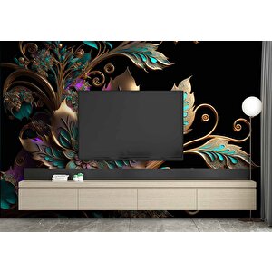 Boyutlu Altın Yeşil Çiçek Desenli Duvar Kağıdı - Dkm819044 100x260 cm