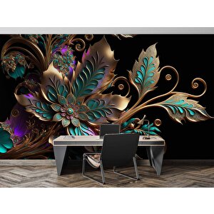 Boyutlu Altın Yeşil Çiçek Desenli Duvar Kağıdı - Dkm819044