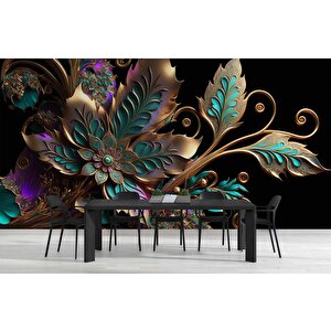 Boyutlu Altın Yeşil Çiçek Desenli Duvar Kağıdı - Dkm819044