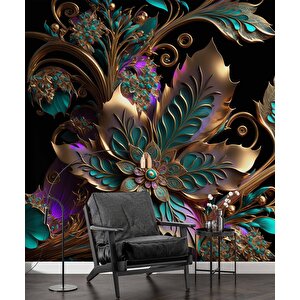 Boyutlu Altın Yeşil Çiçek Desenli Duvar Kağıdı - Dkm819091