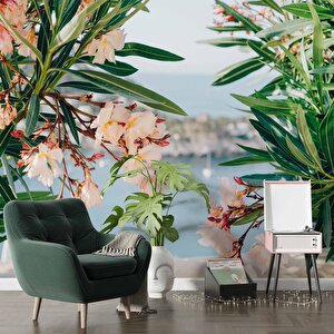 Pembe Çiçek Ve Deniz Manzaralı Duvar Kağıdı - Dkm935097