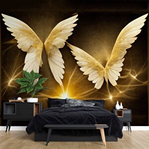 3 Boyutlu Altın Kanat Desenli Duvar Kağıdı - Dkm717001 100x100 cm