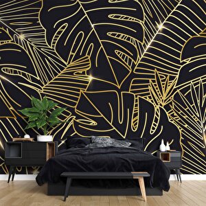 Siyah Zemin Ve Altın Yaprak Temalı Duvar Kağıdı - Dkm678099 475x300 cm