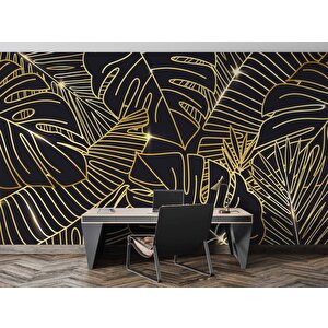 Siyah Zemin Ve Altın Yaprak Temalı Duvar Kağıdı - Dkm678001