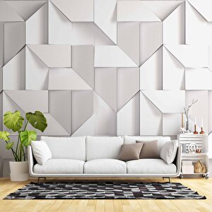3 Boyutlu Beyaz Geometrik Kabartma Görünümlü Duvar Kağıdı Baskı - Dkm104084 800x280 cm