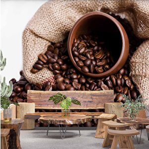 Çuvalda Kahve Çekirdekli Cafe Duvar Kağıdı Baskı - Dkb276074 375x280 cm