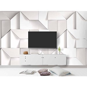 3 Boyutlu Beyaz Geometrik Kabartma Görünümlü Duvar Kağıdı Baskı - Dkm104115 350x315 cm