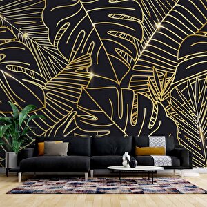 Siyah Zemin Ve Altın Yaprak Temalı Duvar Kağıdı - Dkm678016 500x200 cm