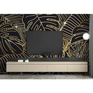 Siyah Zemin Ve Altın Yaprak Temalı Duvar Kağıdı - Dkm678016 500x200 cm