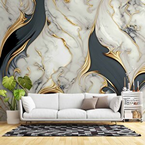 3 Boyutlu Altın Beyaz Mermer Desenli Duvar Kağıdı - Dkm741059 525x260 cm