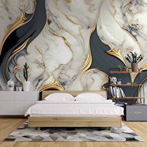 3 Boyutlu Altın Beyaz Mermer Desenli Duvar Kağıdı - Dkm741059 525x260 cm