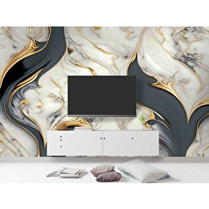 3 Boyutlu Altın Beyaz Mermer Desenli Duvar Kağıdı - Dkm741059 525x260 cm