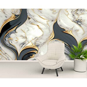 3 Boyutlu Altın Beyaz Mermer Desenli Duvar Kağıdı - Dkm741059