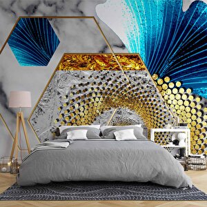 3 Boyutlu Gri Mavi Altın Varak Desenli Duvar Kağıdı - Dkm810098 450x300 cm