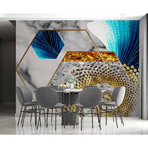 3 Boyutlu Gri Mavi Altın Varak Desenli Duvar Kağıdı - Dkm810038