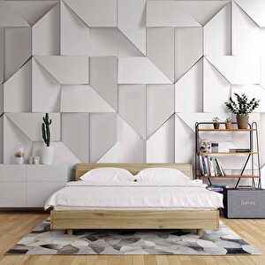 3 Boyutlu Beyaz Geometrik Kabartma Görünümlü Duvar Kağıdı Baskı - Dkm104113 300x315 cm