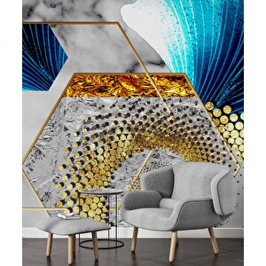 3 Boyutlu Gri Mavi Altın Varak Desenli Duvar Kağıdı - Dkm810108