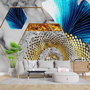 3 Boyutlu Gri Mavi Altın Varak Desenli Duvar Kağıdı - Dkm810088 200x300 cm
