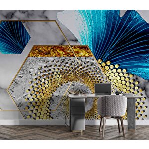 3 Boyutlu Gri Mavi Altın Varak Desenli Duvar Kağıdı - Dkm810077