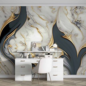 3 Boyutlu Altın Beyaz Mermer Desenli Duvar Kağıdı - Dkm741070