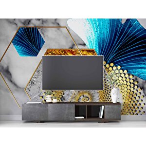 3 Boyutlu Gri Mavi Altın Varak Desenli Duvar Kağıdı - Dkm810078 475x280 cm