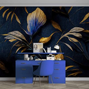 3 Boyutlu Lacivert Altın Çiçek Desenli Duvar Kağıd - Dkm905087