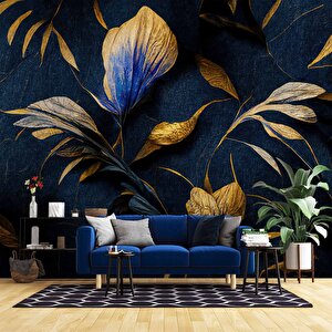 3 Boyutlu Lacivert Altın Çiçek Desenli Duvar Kağıd - Dkm905010 350x200 cm