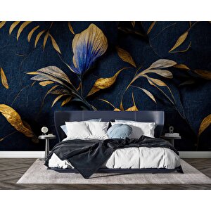 3 Boyutlu Lacivert Altın Çiçek Desenli Duvar Kağıd - Dkm905010 350x200 cm