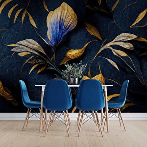 3 Boyutlu Lacivert Altın Çiçek Desenli Duvar Kağıd - Dkm905007