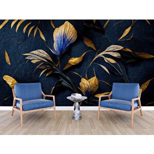 3 Boyutlu Lacivert Altın Çiçek Desenli Duvar Kağıd - Dkm905033
