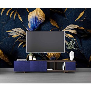 3 Boyutlu Lacivert Altın Çiçek Desenli Duvar Kağıd - Dkm905005 225x200 cm
