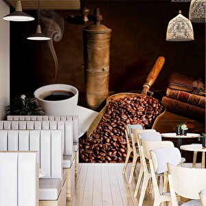 Kahve Öğütme Makinalı Cafe Duvar Kağıdı Baskı - Dkm263106 900x300 cm
