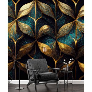 Gold-mavi Desenli Duvar Kağıdı Baskı - Dkm114016