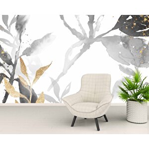 Siyah Yaprak Boyama Desenli Duvar Kağıdı - Dkm763121