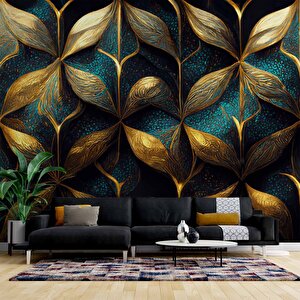 Gold-mavi Desenli Duvar Kağıdı Baskı - Dkm114004 200x200 cm