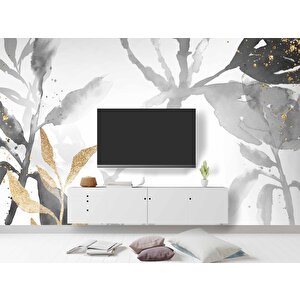 Siyah Yaprak Boyama Desenli Duvar Kağıdı - Dkm763072 325x280 cm