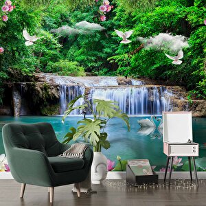 Şelale, Göl Ve Orman Manzaralı Duvar Kağıdı Baskı - Dkm083069