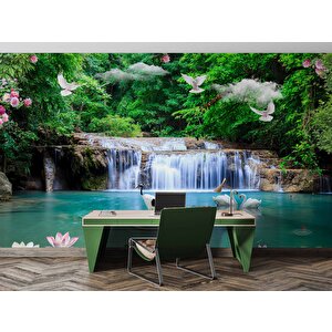 Şelale, Göl Ve Orman Manzaralı Duvar Kağıdı Baskı - Dkm083007 275x200 cm
