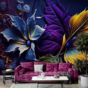 3 Boyutlu Mor Çiçek Temalı Duvar Kağıdı - Dkm994005 225x200 cm