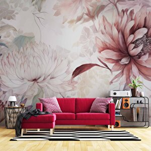 Kırmızı Pembe Çiçek Çizim Temalı Duvar Kağıdı - Dkm902005 225x200 cm