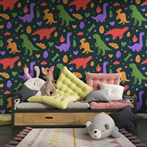 Renkli Dinozor Desenli Çocuk Odası Duvar Kağıdı Baskı - Dkm199077 450x280 cm