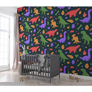 Renkli Dinozor Desenli Çocuk Odası Duvar Kağıdı Baskı - Dkm199072 325x280 cm
