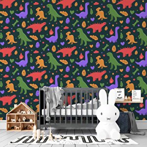 Renkli Dinozor Desenli Çocuk Odası Duvar Kağıdı Baskı - Dkm199018 550x200 cm